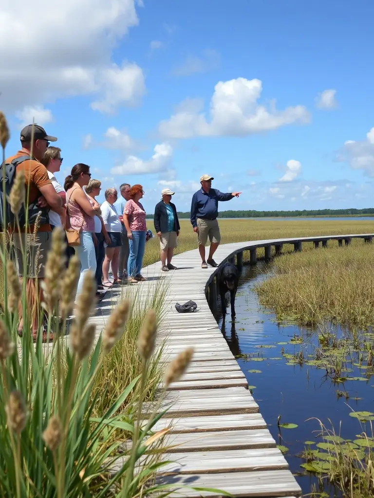 A photo of participants on a guided tour of the Aiguillon Bay, learning about the local ecosystem and the importance of environmental conservation.