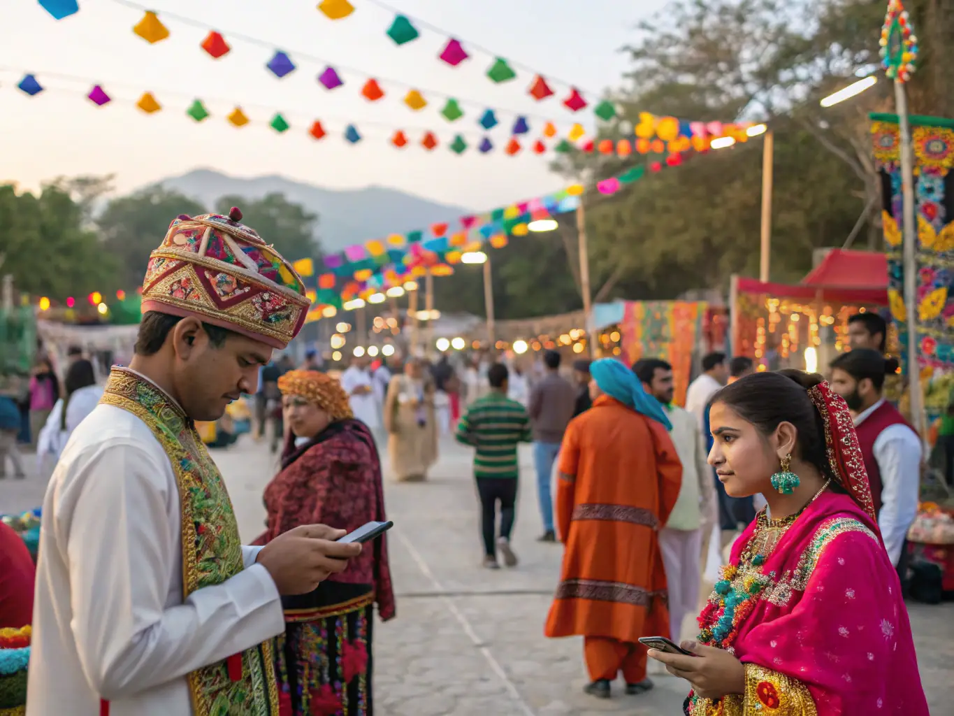 A photograph capturing a lively cultural festival organized by LA MAISON BLEUE, featuring local musicians, artists, and community members celebrating regional traditions.