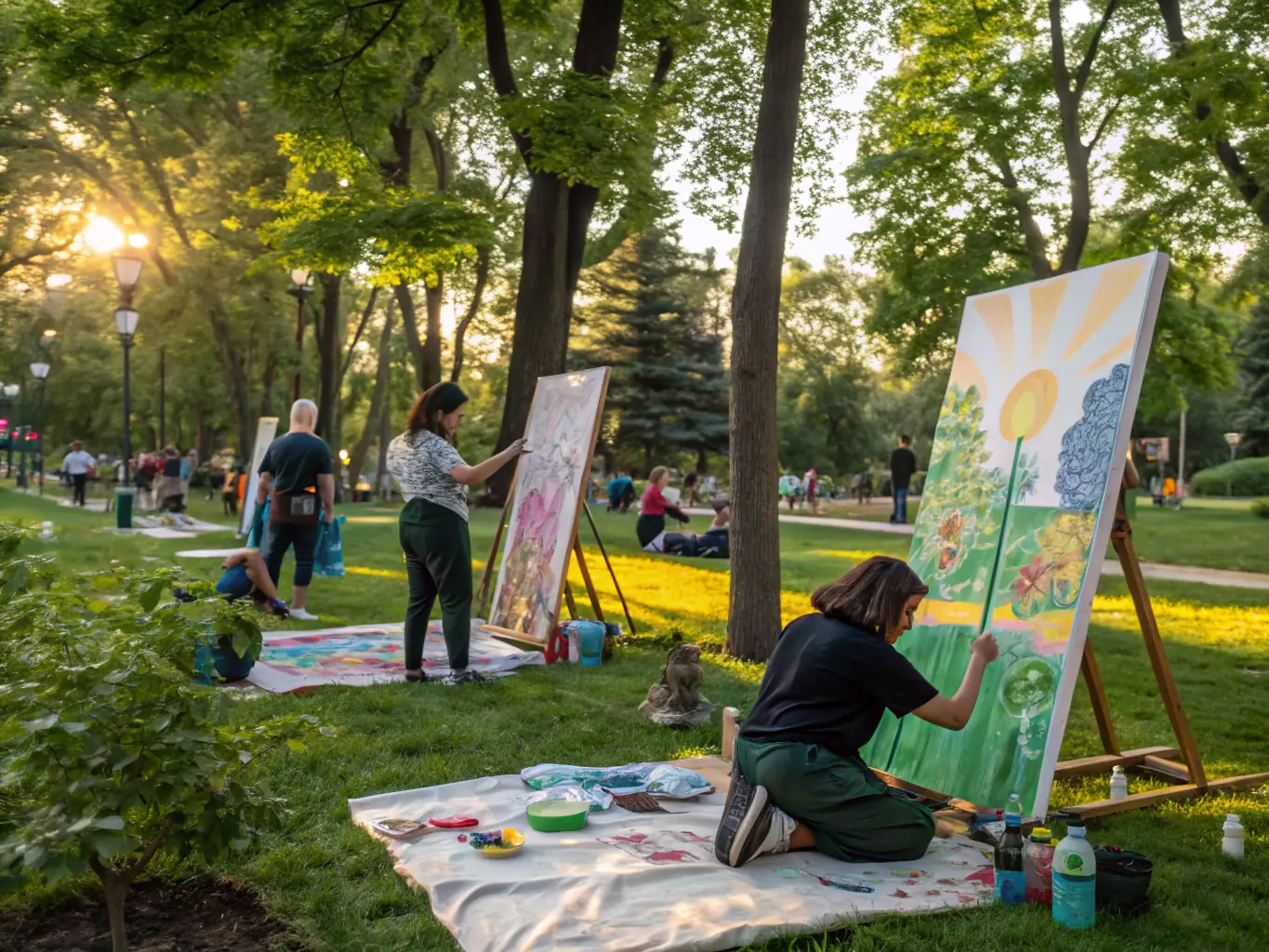 A vibrant image depicting participants engaged in an outdoor art workshop in the Marais Poitevin, showcasing the organization's commitment to artistic education and community engagement.