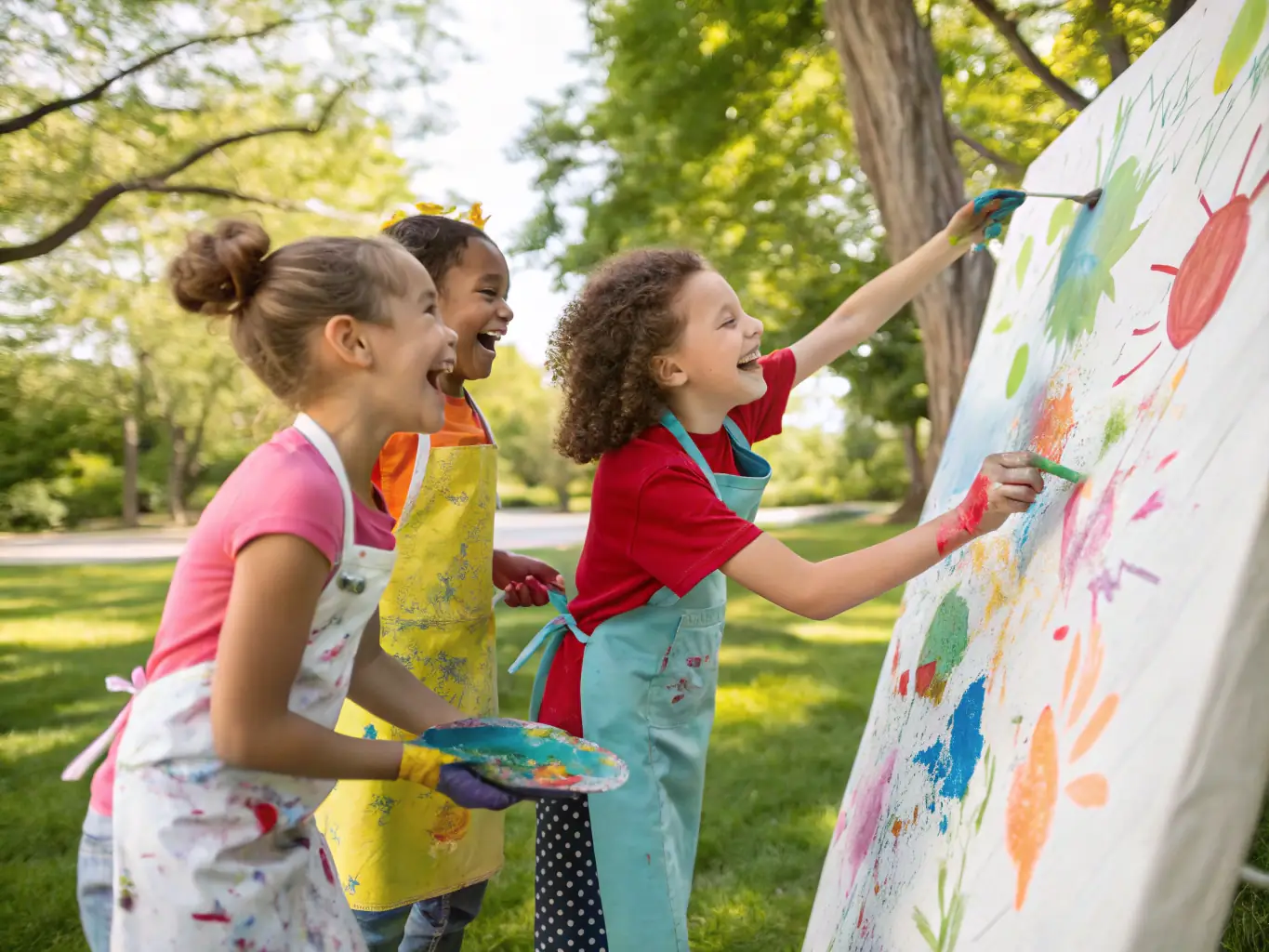 A photograph of a group of children participating in an outdoor painting session during a summer art camp organized by LA MAISON BLEUE.