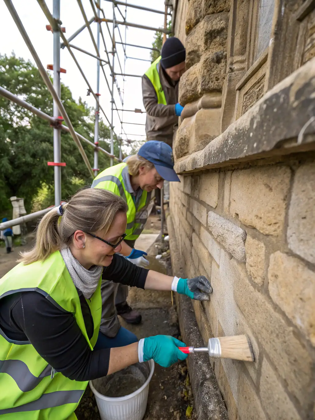 A photograph of volunteers working together to restore a historical building in the Marais Poitevin, emphasizing the organization's commitment to preserving local heritage.