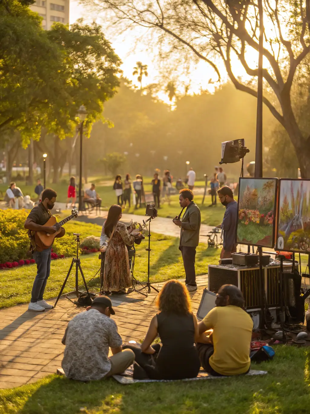 A dynamic image of a community festival organized by LA MAISON BLEUE, featuring local artists, musicians, and residents celebrating together.