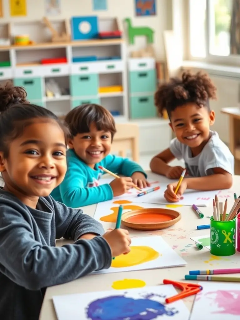 A vibrant photograph capturing children participating in an art workshop at LA MAISON BLEUE, showcasing their creativity and engagement with the arts.