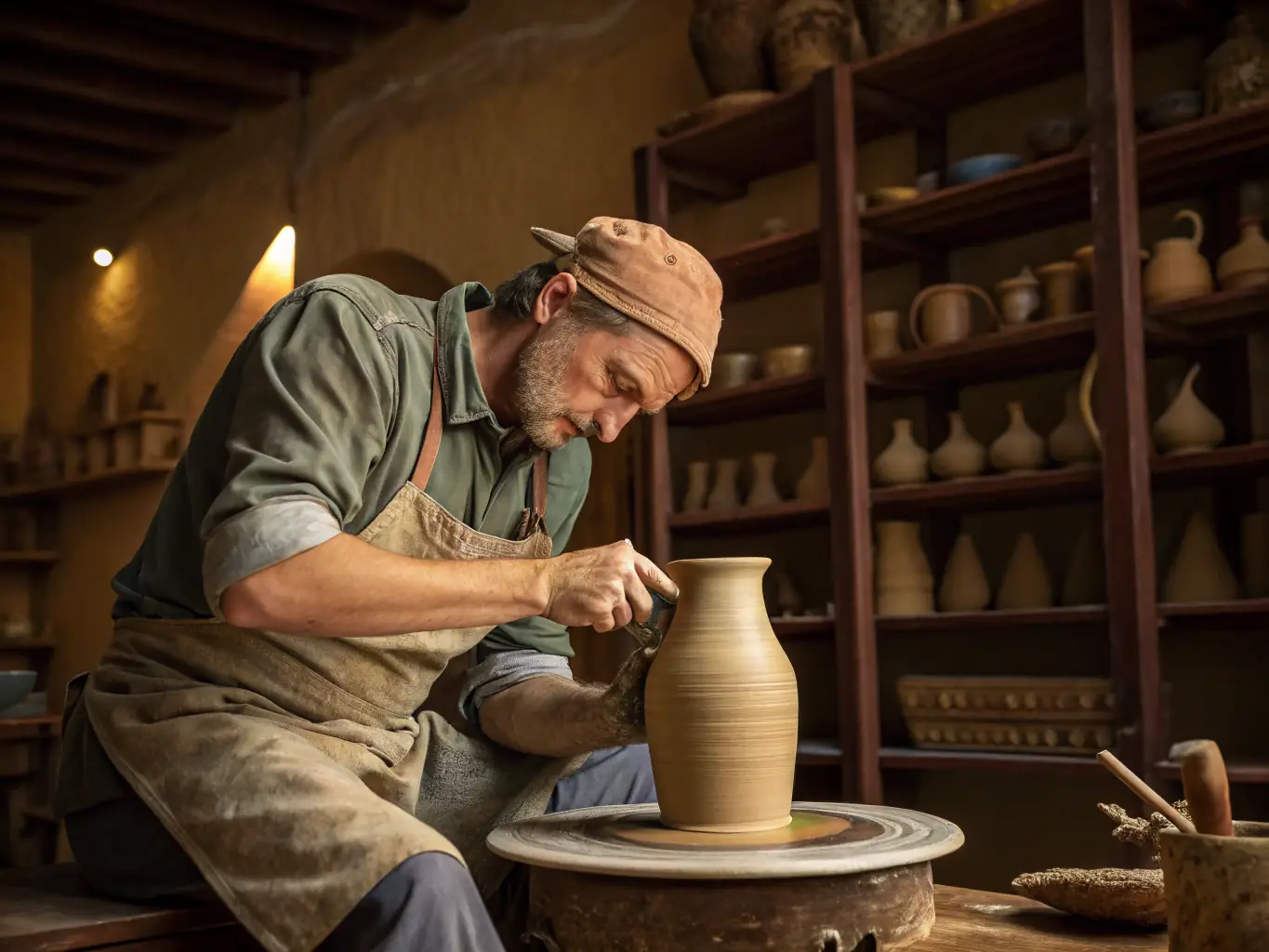 A vibrant image showcasing participants engaged in a pottery workshop at LA MAISON BLEUE, with clay, tools, and finished pieces visible.