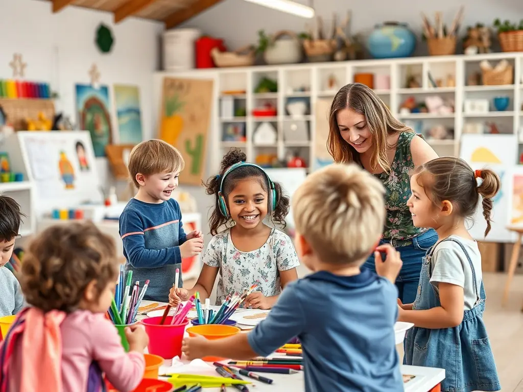 A photograph of children participating in an art workshop, with instructors guiding them in painting and drawing techniques.